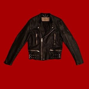 Burberry brit, unisex black leather biker jacket